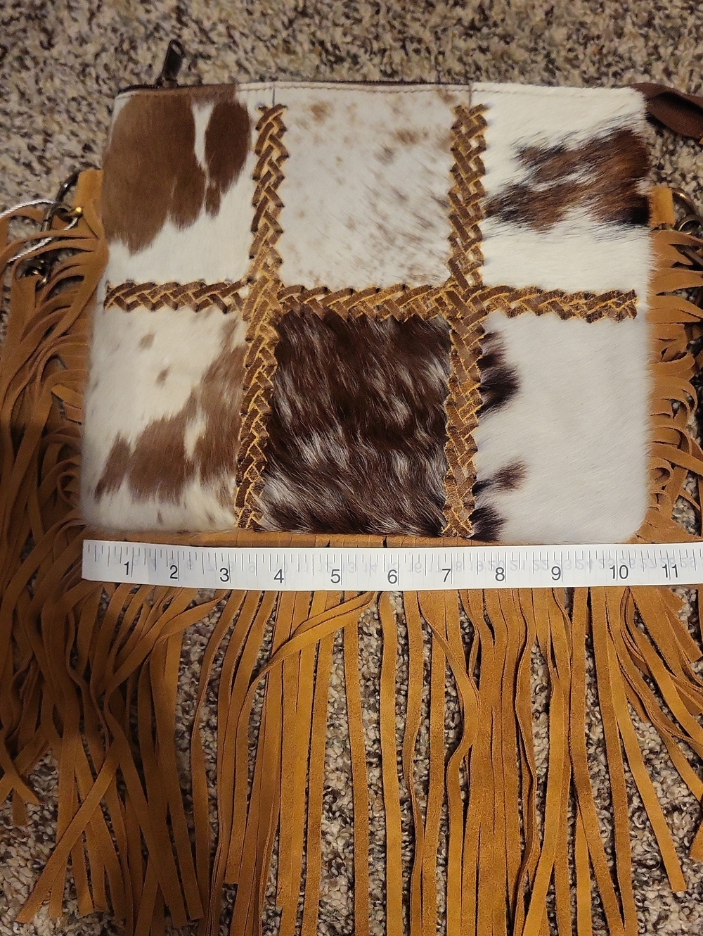 Chesney Patchwork Cowhide Fringe Crossbody Bag - Picture 8 of 9